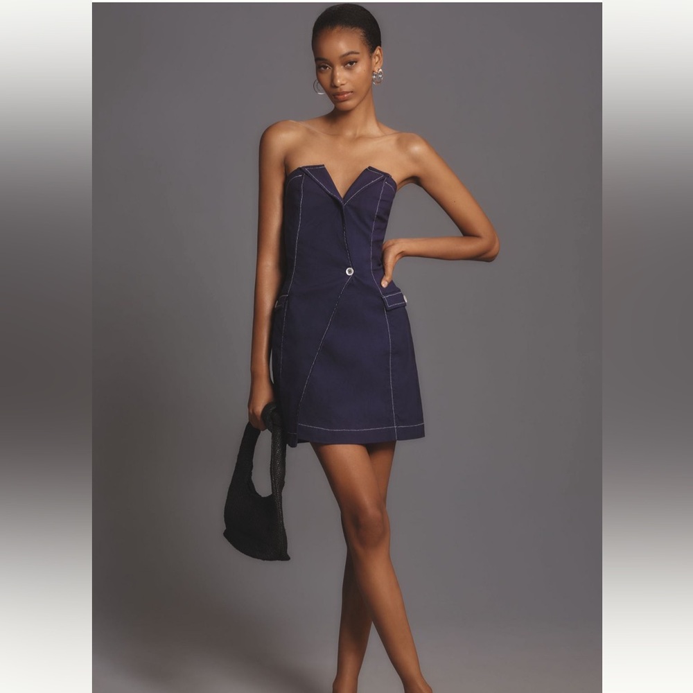 Anthropologie Maeve Strapless Linen Mini Dress In Navy Size 6 NWT
